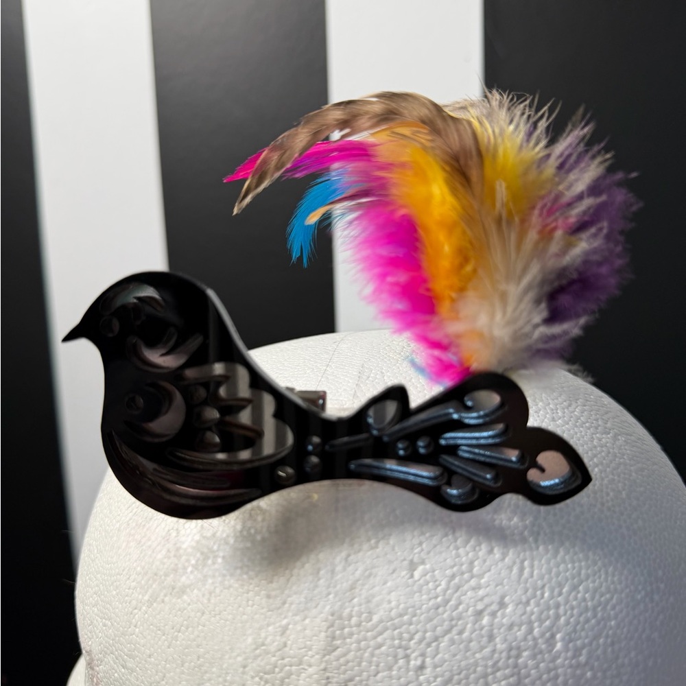 Black Bird Hair Clip or Brooch with Multicolor Feather Accents